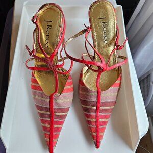 Vintage J. Renee 'Bristol' Strappy Red /Pink striped pointy toe shoes 9W